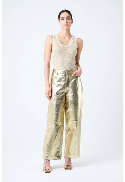 Pantalón En Cuero Folia Para Mujer Wide Leg Pantalón En Cuero Folia Para Mujer Wide Leg Dorado 10 VÉLEZ