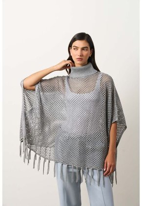 Poncho Lyra Tejido Para Mujer Flecos Poncho Lyra Tejido Para Mujer Flecos Gris S VÉLEZ