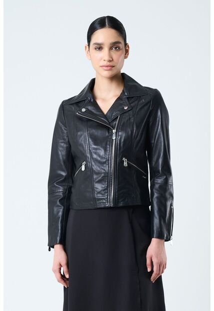 Chaqueta Silueta Tipo Biker De Cuero Para Mujer Cremalleras Chaqueta Silueta Tipo Biker De Cuero Para Mujer Cremalleras Negro S VÉLEZ