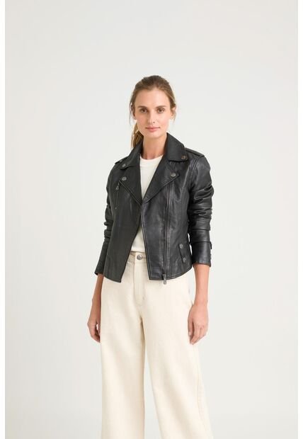 Chaqueta Biker De Cuero Para Mujer Charreteras Negro Chaqueta Biker De Cuero Para Mujer Charreteras Negro VÉLEZ