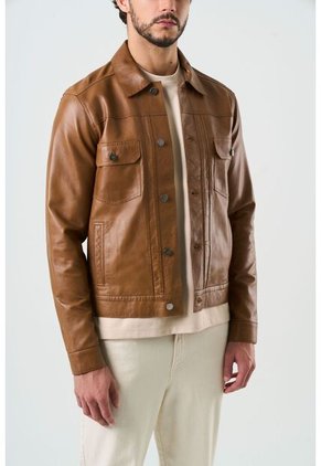 Chaqueta Trucker Paraná De Cuero Para Hombre Corte Clásico Chaqueta Trucker Paraná De Cuero Para Hombre Corte Clásico Miel XL VÉLEZ