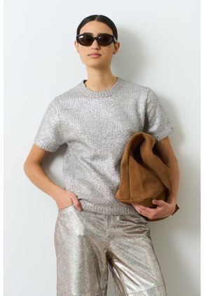 Camiseta Manga Corta Tejida Para Mujer Aura Camiseta Manga Corta Tejida Para Mujer Aura Plata M VÉLEZ