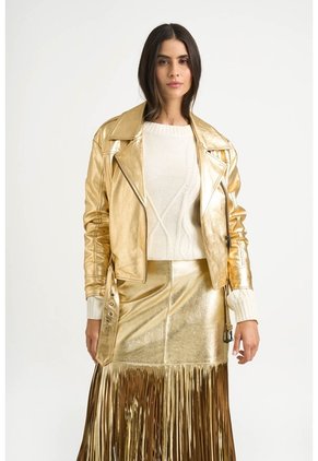 Chaqueta Biker Thaila De Cuero Para Mujer Acabado Metalizado Chaqueta Biker Thaila De Cuero Para Mujer Acabado Metalizado Dorado XL VÉLEZ