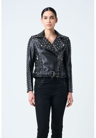 Chaqueta Silueta Biker De Cuero Para Mujer Taches Chaqueta Silueta Biker De Cuero Para Mujer Taches Negro M VÉLEZ Vélez