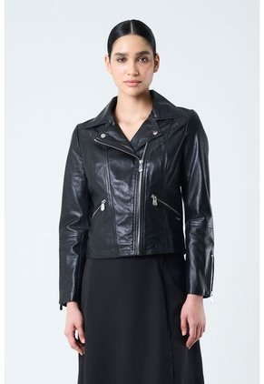 Chaqueta Silueta Tipo Biker De Cuero Para Mujer Cremalleras Chaqueta Silueta Tipo Biker De Cuero Para Mujer Cremalleras Negro S VÉLEZ