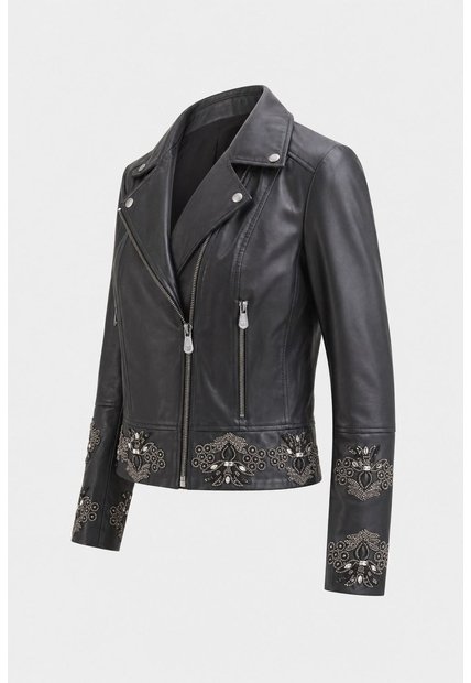 Biker Iris De Cuero Para Mujer Detalles Bordados Con Pedrería Biker Iris De Cuero Para Mujer Detalles Bordados Con Pedrería Negro S VÉLEZ