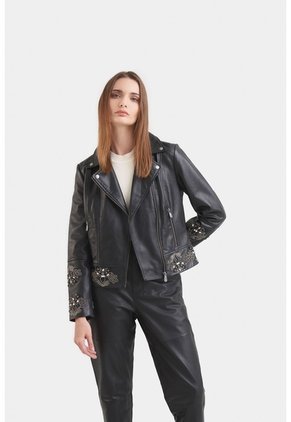 Biker Iris De Cuero Para Mujer Detalles Bordados Con Pedrería Biker Iris De Cuero Para Mujer Detalles Bordados Con Pedrería Negro S VÉLEZ