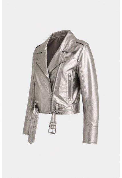 Chaqueta Biker Thaila De Cuero Para Mujer Acabado Metalizado Chaqueta Biker Thaila De Cuero Para Mujer Acabado Metalizado Plata L VÉLEZ