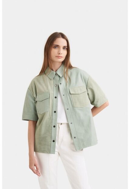 Camisa Samur De Cuero Y Gamuza Silueta Oversized Camisa Samur De Cuero Y Gamuza Silueta Oversized Agua Marina XL VÉLEZ