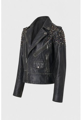 Chaqueta Biker De Cuero Para Mujer Cristales Chaqueta Biker De Cuero Para Mujer Cristales Negro Perlado XL VÉLEZ Vélez
