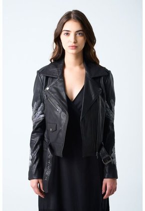 Chaqueta Biker Para Mujer Bordado Metalizado Chaqueta Biker Para Mujer Bordado Metalizado Negro XL VÉLEZ