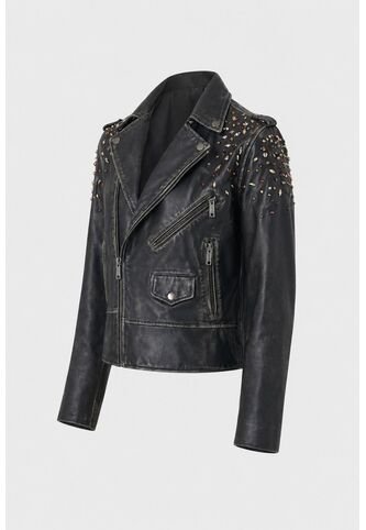 Chaqueta Biker De Cuero Para Mujer Cristales Chaqueta Biker De Cuero Para Mujer Cristales Negro Perlado XL VÉLEZ Vélez