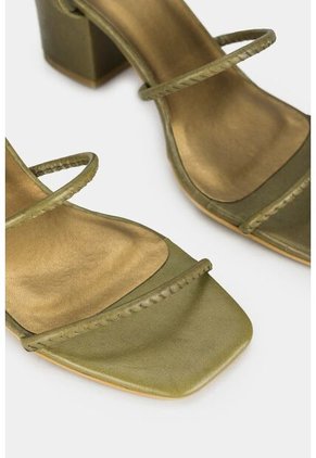 Sandalia Tacón Pistacho De Cuero Para Mujer Correas Abombadas