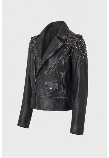 Chaqueta Biker De Cuero Para Mujer Cristales Chaqueta Biker De Cuero Para Mujer Cristales Negro Perlado M VÉLEZ