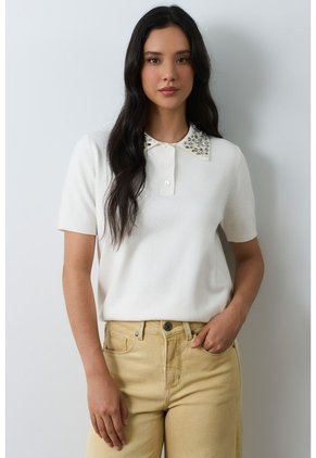 Polo Tejida Manga Corta Para Mujer Almaris Polo Tejida Manga Corta Para Mujer Almaris Crema L VÉLEZ