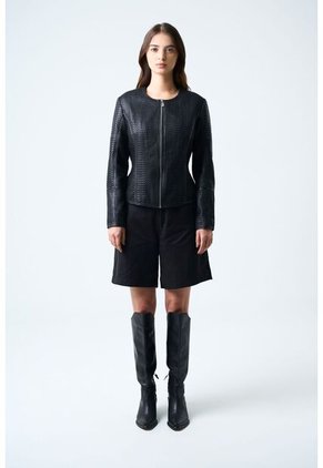 Chaqueta De Cuero Tejido Para Mujer Woven Chaqueta De Cuero Tejido Para Mujer Woven Negro L VÉLEZ