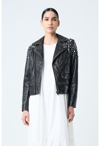 Chaqueta Biker De Cuero Para Mujer Cristales Chaqueta Biker De Cuero Para Mujer Cristales Negro XL VÉLEZ