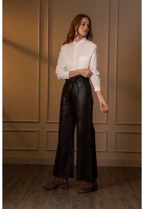 Pantalón Wide Leg De Cuero Para Mujer Cinturón De Cuero Negro