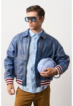 Chaqueta Bomber En Cuero Envejecido Para Hombre Chaqueta Bomber En Cuero Envejecido Para Hombre Azul XXXL VÉLEZ