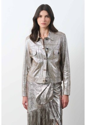 Chaqueta Trucker De Cuero Gamuzado Para Mujer Glass Chaqueta Trucker De Cuero Gamuzado Para Mujer Glass Plata M VÉLEZ