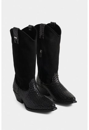 Botas Gobi De Cuero Liso Y Gamuza Para Mujer Chapetas Tejidas Botas Gobi De Cuero Liso Y Gamuza Para Mujer Chapetas Tejidas Negro 39 VÉLEZ