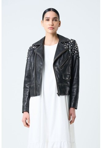 Chaqueta Biker De Cuero Para Mujer Cristales Chaqueta Biker De Cuero Para Mujer Cristales Negro S VÉLEZ Vélez