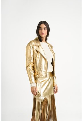 Chaqueta Biker Thaila De Cuero Para Mujer Acabado Metalizado Chaqueta Biker Thaila De Cuero Para Mujer Acabado Metalizado Dorado XXL VÉLEZ