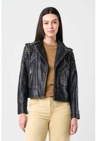 Chaqueta Biker De Cuero Para Mujer Cristales Chaqueta Biker De Cuero Para Mujer Cristales Negro Perlado M VÉLEZ Vélez