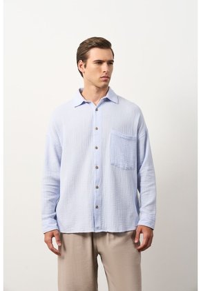 Camisa Manga Larga De Lino Para Hombre Siloli Camisa Manga Larga De Lino Para Hombre Siloli Azul Claro XL VÉLEZ