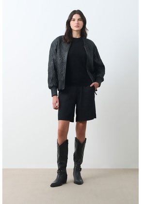 Bomber De Cuero Repujado Para Mujer Sira Bomber De Cuero Repujado Para Mujer Sira Negro XXL VÉLEZ