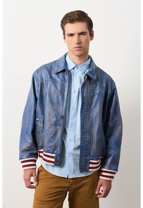 Chaqueta Bomber En Cuero Envejecido Para Hombre Chaqueta Bomber En Cuero Envejecido Para Hombre Azul S VÉLEZ
