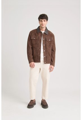 Chaqueta Aron En Gamuza Para Hombre Detalle Cuero Chaqueta Aron En Gamuza Para Hombre Detalle Cuero Cafe XXL VÉLEZ