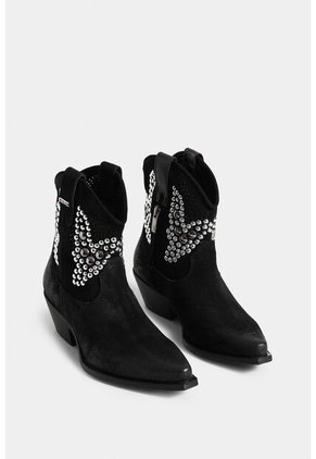 Botines Tacón Alaba De Cuero Gamuza Para Mujer Taches Metálicos Botines Tacón Alaba De Cuero Gamuza Para Mujer Taches Metálicos Negro 37 Vélez