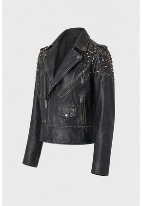 Chaqueta Biker De Cuero Para Mujer Cristales Chaqueta Biker De Cuero Para Mujer Cristales Negro Perlado S VÉLEZ