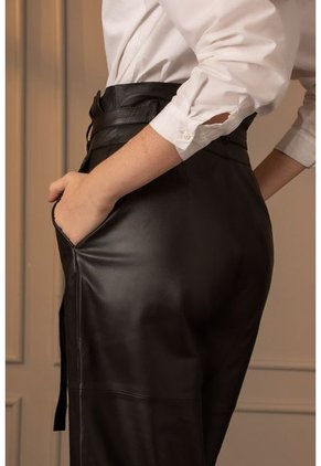 Pantalón Wide Leg De Cuero Para Mujer Cinturón De Cuero Negro