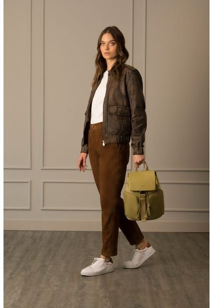 Tula Morral Ibiza De Cuero Para Mujer Bolsillos Delanteros Verde Oliva