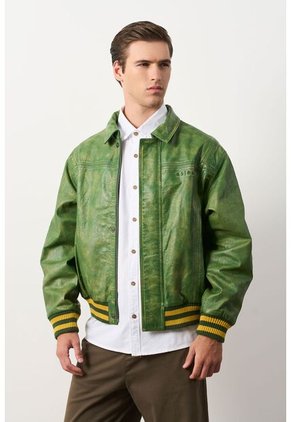 Chaqueta Bomber En Cuero Envejecido Para Hombre Chaqueta Bomber En Cuero Envejecido Para Hombre Verde M VÉLEZ