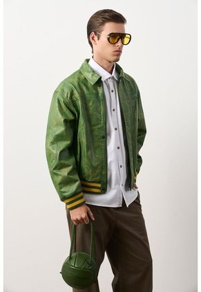 Chaqueta Bomber En Cuero Envejecido Para Hombre Chaqueta Bomber En Cuero Envejecido Para Hombre Verde M VÉLEZ