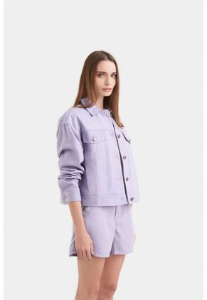 Chaqueta Calas En Denim Rígido Para Mujer Detalles Cuero Chaqueta Calas En Denim Rígido Para Mujer Detalles Cuero Lila S VÉLEZ