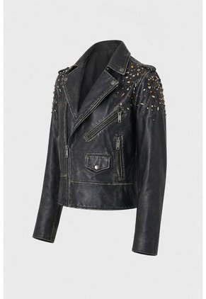 Chaqueta Biker De Cuero Para Mujer Cristales Chaqueta Biker De Cuero Para Mujer Cristales Negro Perlado L VÉLEZ