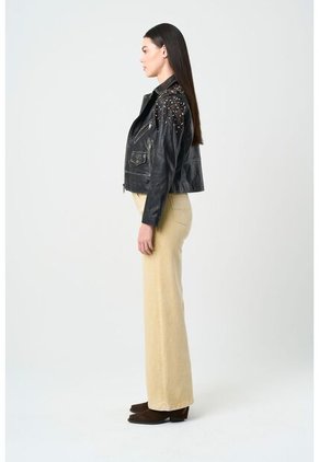 Chaqueta Biker De Cuero Para Mujer Cristales Chaqueta Biker De Cuero Para Mujer Cristales Negro Perlado L VÉLEZ