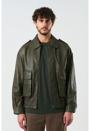 Chaqueta Bomber De Cuero Para Hombre Meridian Chaqueta Bomber De Cuero Para Hombre Meridian Verde Oliva L VÉLEZ