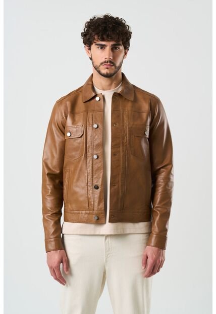 Chaqueta Trucker Paraná De Cuero Para Hombre Corte Clásico Chaqueta Trucker Paraná De Cuero Para Hombre Corte Clásico Miel XL VÉLEZ