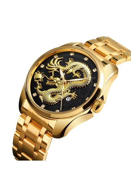 Reloj Skmei 9193 Dragon Dorado Fondo Negro