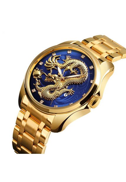 Reloj Skmei 9193 Dragon Dorado Fondo Azul