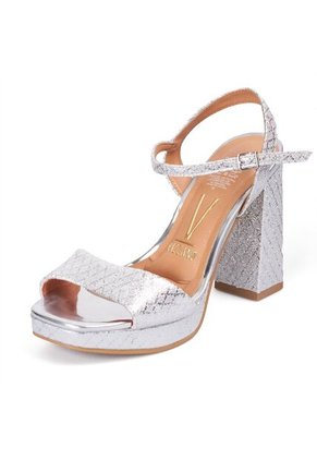 Sandalia Tacon Alto Cuadrado Plataforma Plata Metalico Vizzano