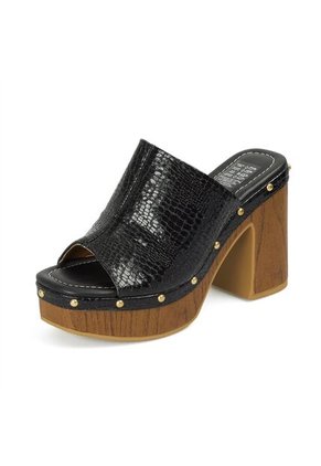 Sandalia Tacon Alto Cuadrado Mule Plataforma Negro Croco Vizzano