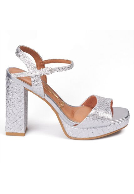 Sandalia Tacon Alto Cuadrado Plataforma Plata Metalico Vizzano