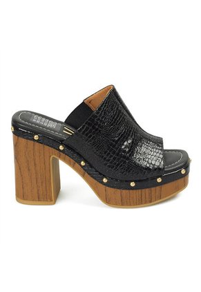 Sandalia Tacon Alto Cuadrado Mule Plataforma Negro Croco Vizzano