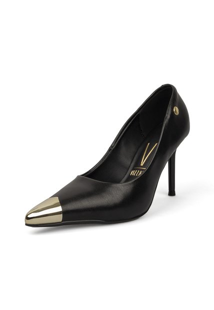 Stiletto Negro Tacón Alto Mate Con Puntera Dorada Vizzano